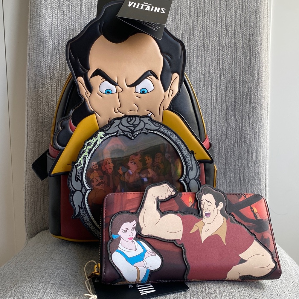 NWT Loungefly Disney Villains Scenes GASTON Backpack & Wallet Lot of 2!